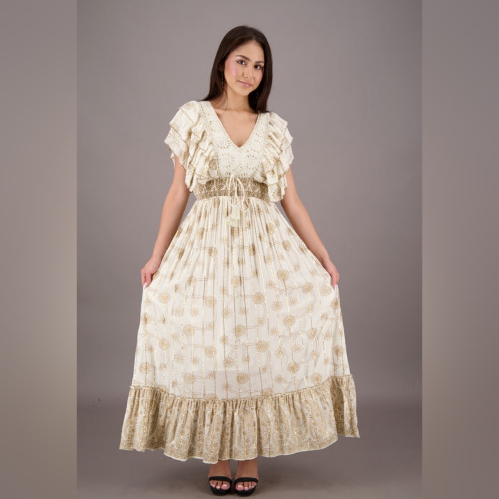 Ananta Cream and Gold Women's Maxi Dress Boho Anthro Inspired Boutique NWOT